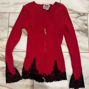WR Cardigan Sweater with Black Lace trim and zipper